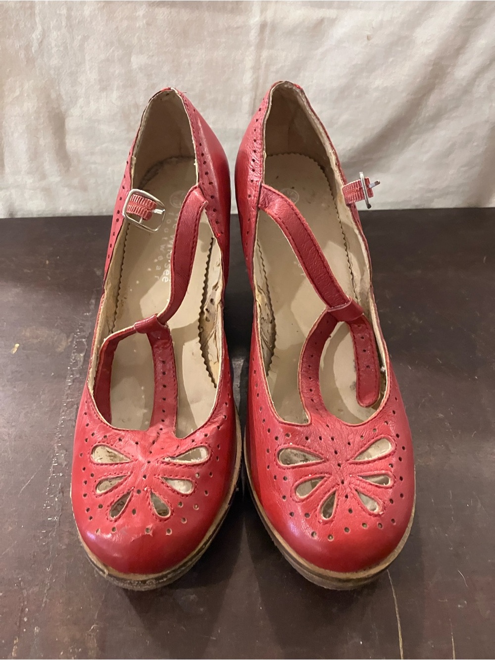 Vintage Red T-Strap Cutout Leather Pumps